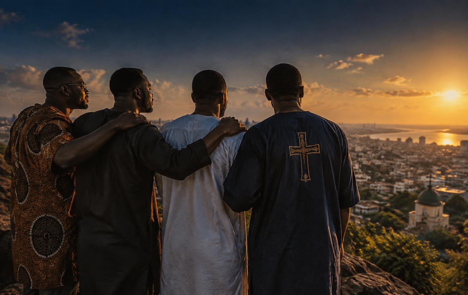 Brothers standing together at sunset